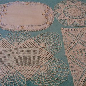 OLD MONEY 3  HAND CROCHETED VINTAGE DOLIES & 1 EMROIDERED VANITY RUNNER …
